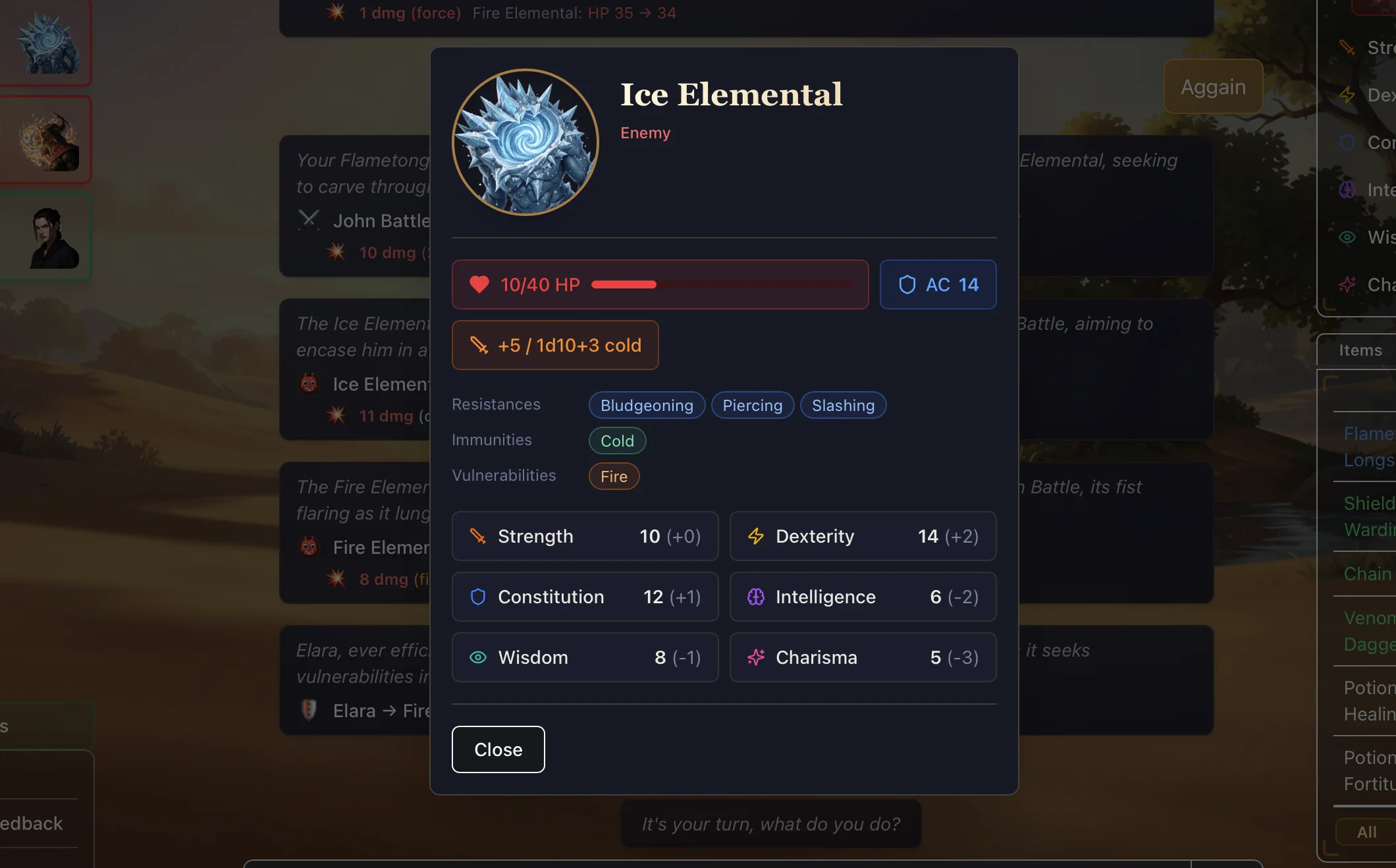 Farlands Odyssey combat screen showing action economy pips, spell slot bar, HP bar, and AC/Attack/Damage chips