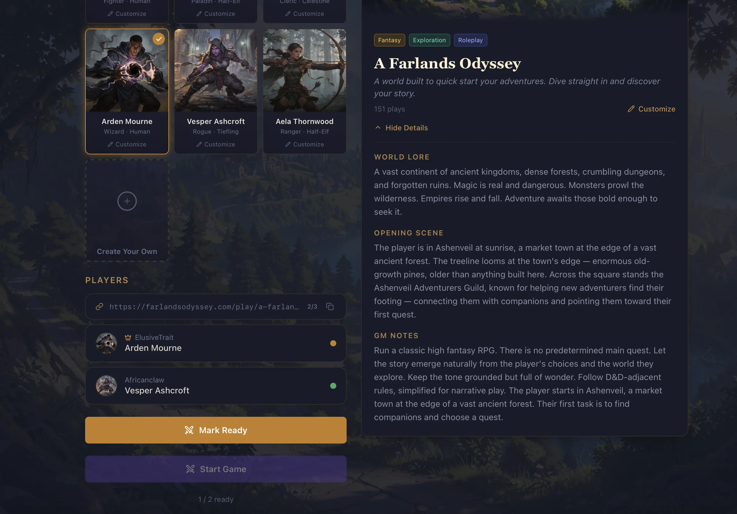 Farlands Odyssey "Lobby" multiplayer screen showing an invite link, ready-check, and party of 2-4 players
