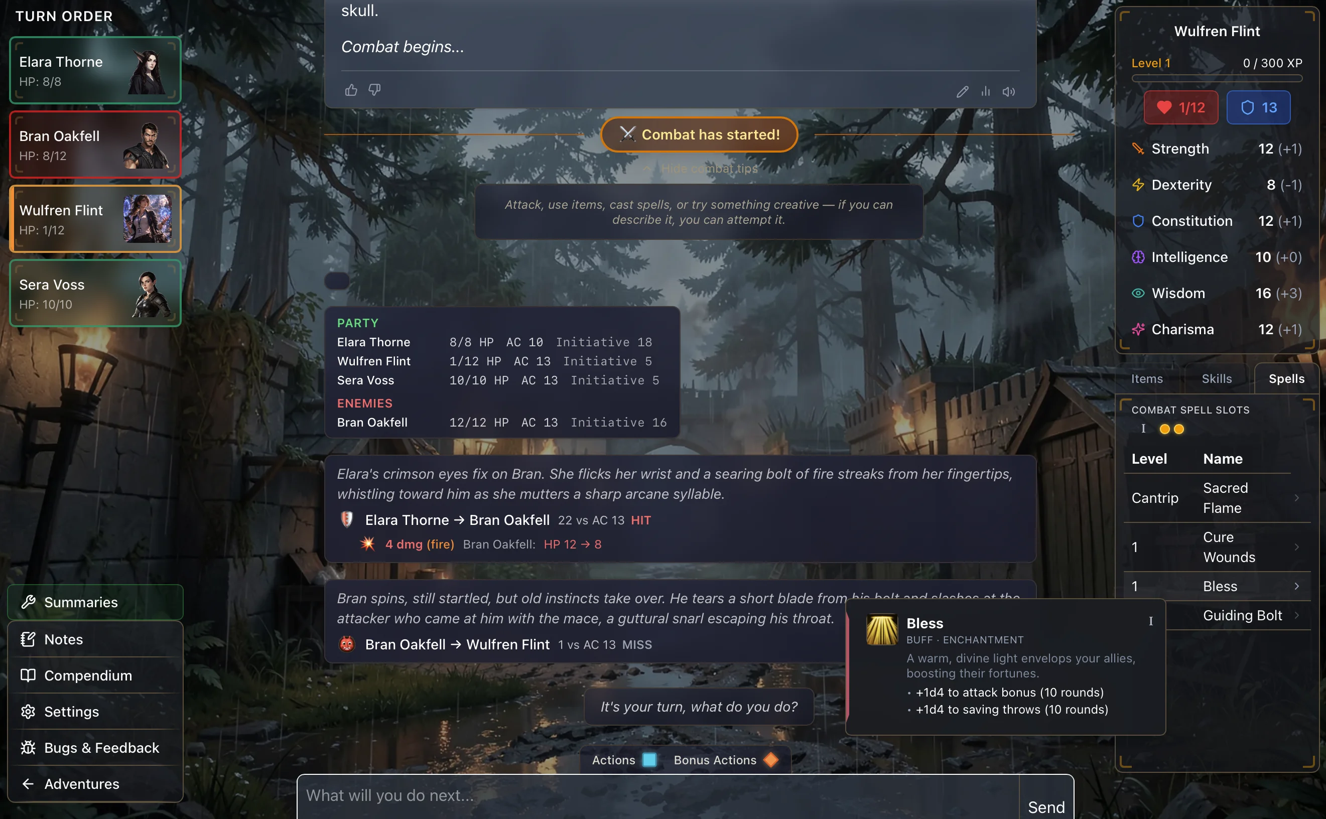 Farlands Odyssey scene view with a visual background, character and NPC card portraits, and item art