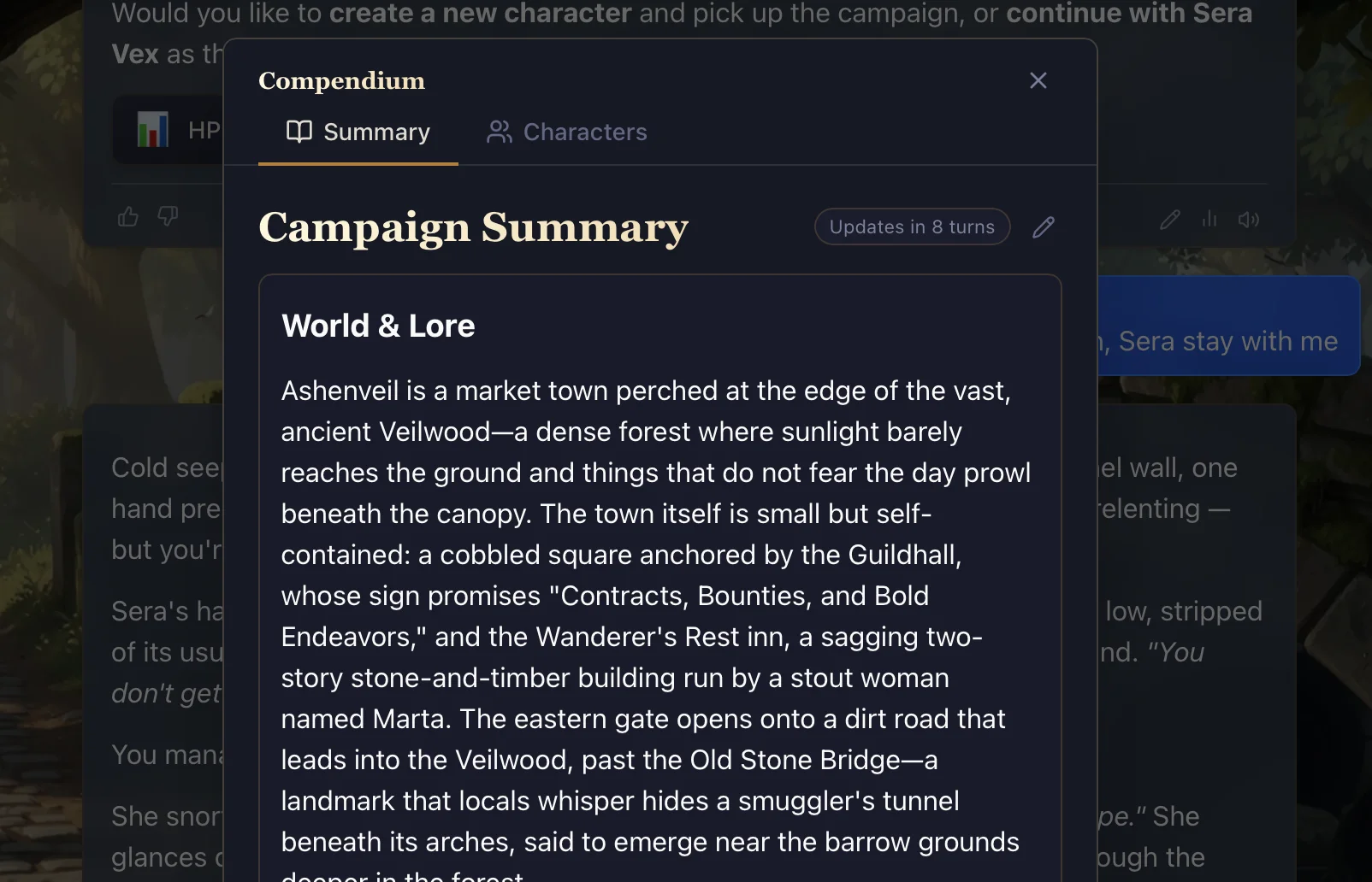 The Compendium's Summary and Characters tabs